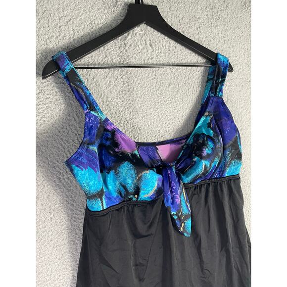 Longitude Size 16 Black Floral Skirted One Piece Swimsuit Tummy Control Tankini - Picture 3 of 11